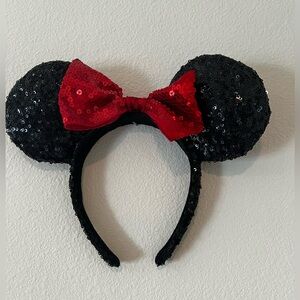 Classic Sequin Minnie Mouse Ears Headband with Red Bow
